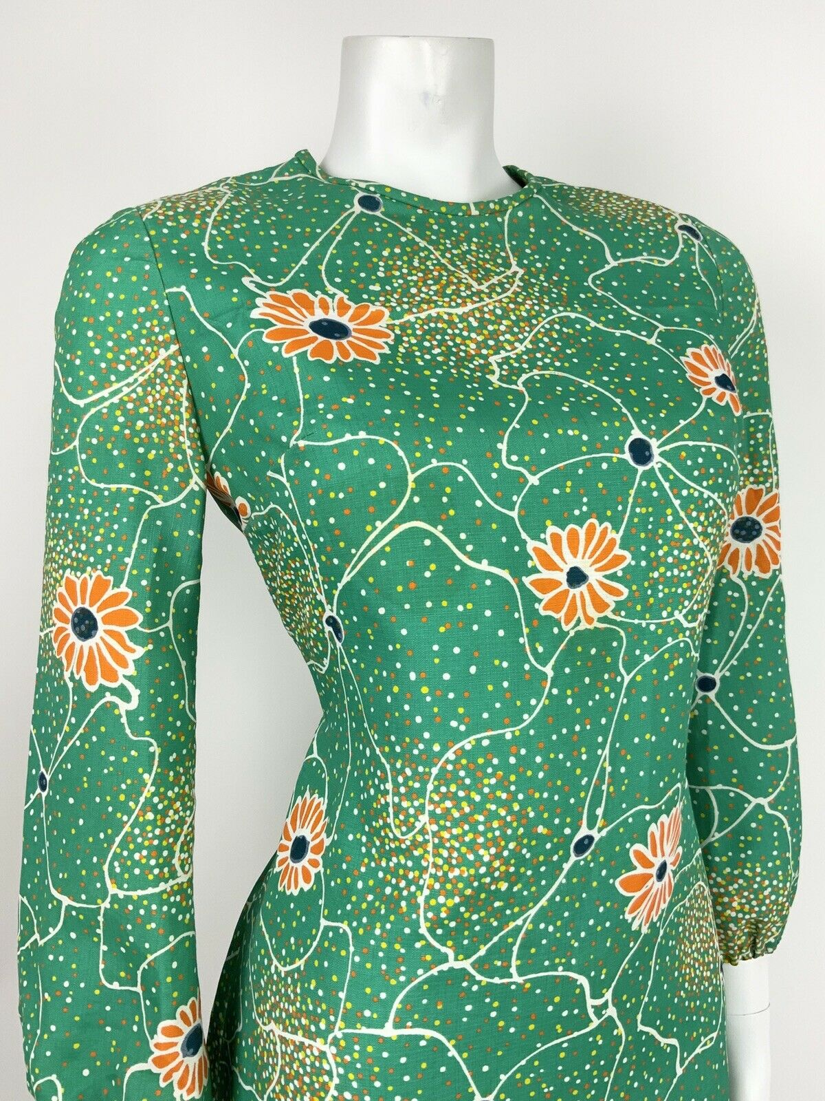 VTG 60s 70s GREEN ORANGE WHITE YELLOW ABSTRACT FLORAL DOTTY SHIFT DRESS 10 12