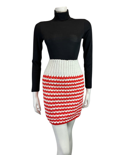 VINTAGE 60s RED WHITE STRIPED KNITTED MOD KITSCH BODYCON SKIRT 8 10