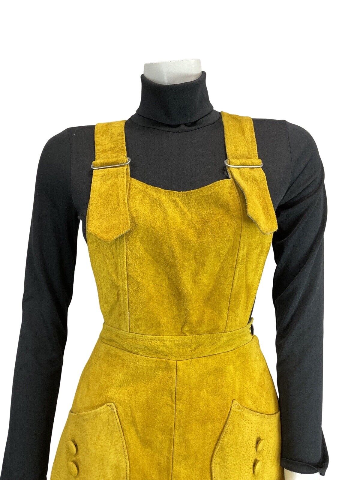 VINTAGE 60s 70s MUSTARD YELLOW SUEDE PINAFORE APRON BOHO MOD DRESS 6