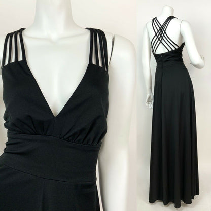 VINTAGE 60s 70s BLACK STRAPPY DISCO STUDIO 54 GLAM MAXI DRESS 8 10