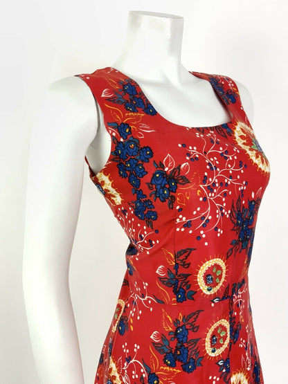 VTG 60s 70s RED BLUE GOLD FLORAL SLEEVELESS MOD SCOOTER MICRO MINI DRESS 10 12