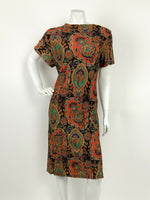 VTG 60s 70s BLACK RED GREEN BLUE PAISLEY FLORAL PSYCHEDELIC SHIFT DRESS 12 14