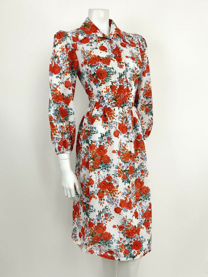 VINTAGE 60s 70s WHITE BLUE GREEN RED FLORAL POPPY DAGGER SHIRT DRESS 10