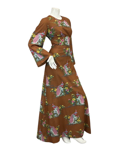 VTG 60s 70s BROWN PINK BLUE PEACOCK FLORAL PRINT BOHO FOLK MAXI DRESS 10