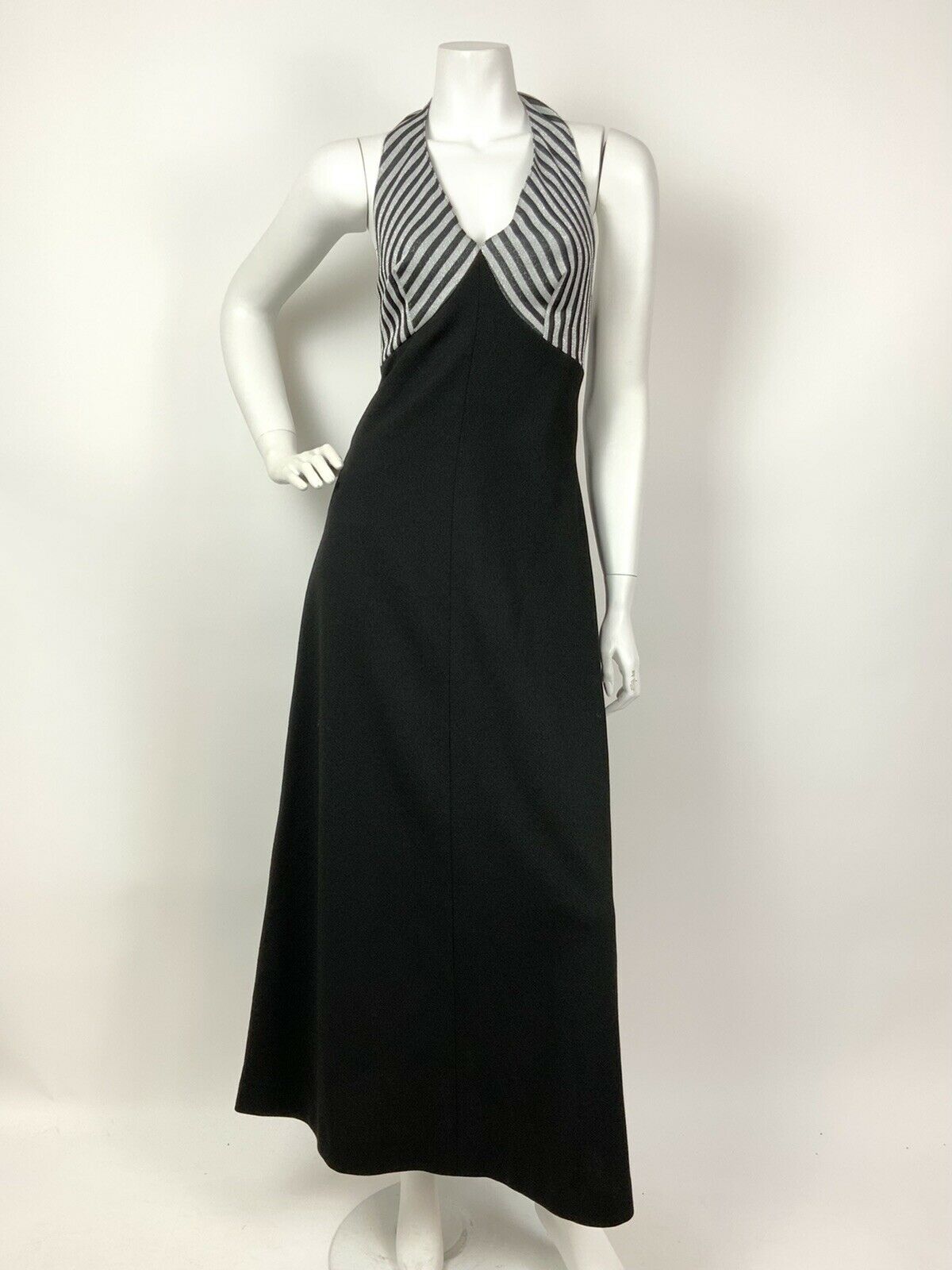 VINTAGE 60s 70s SILVER METALLIC BLACK STRIPED HALTER STUDIO 54 GLAM MAXI DRESS 6