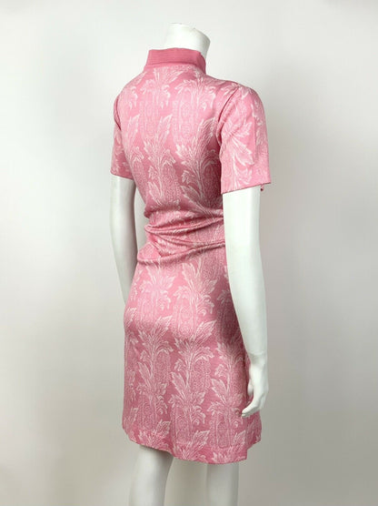 VINTAGE 60s 70s BABY PINK WHITE FLORAL PALM LEAF FITTED DRESS 14 16