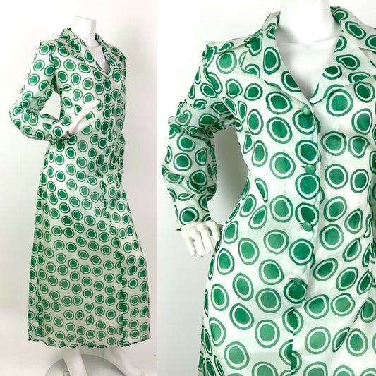 VINTAGE 60s 70s WHITE GREEN POLKA-DOT SHEER MOD DAGGER MAXI DRESS 14 16