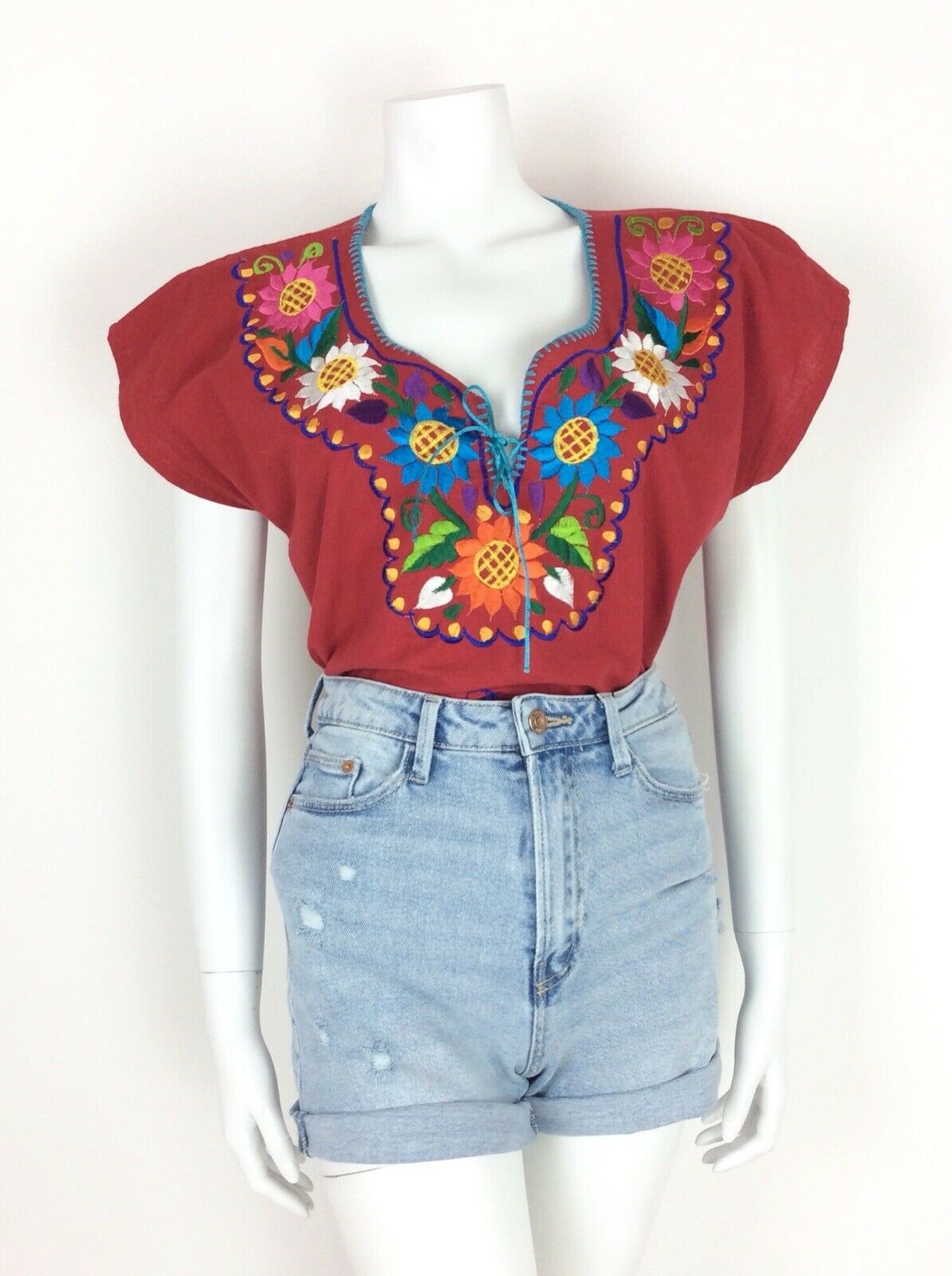 VTG 70s MEXICAN PEASANT TOP BLOUSE RED BLUE GREEN PINK FLORAL EMBROIDERY 10 12