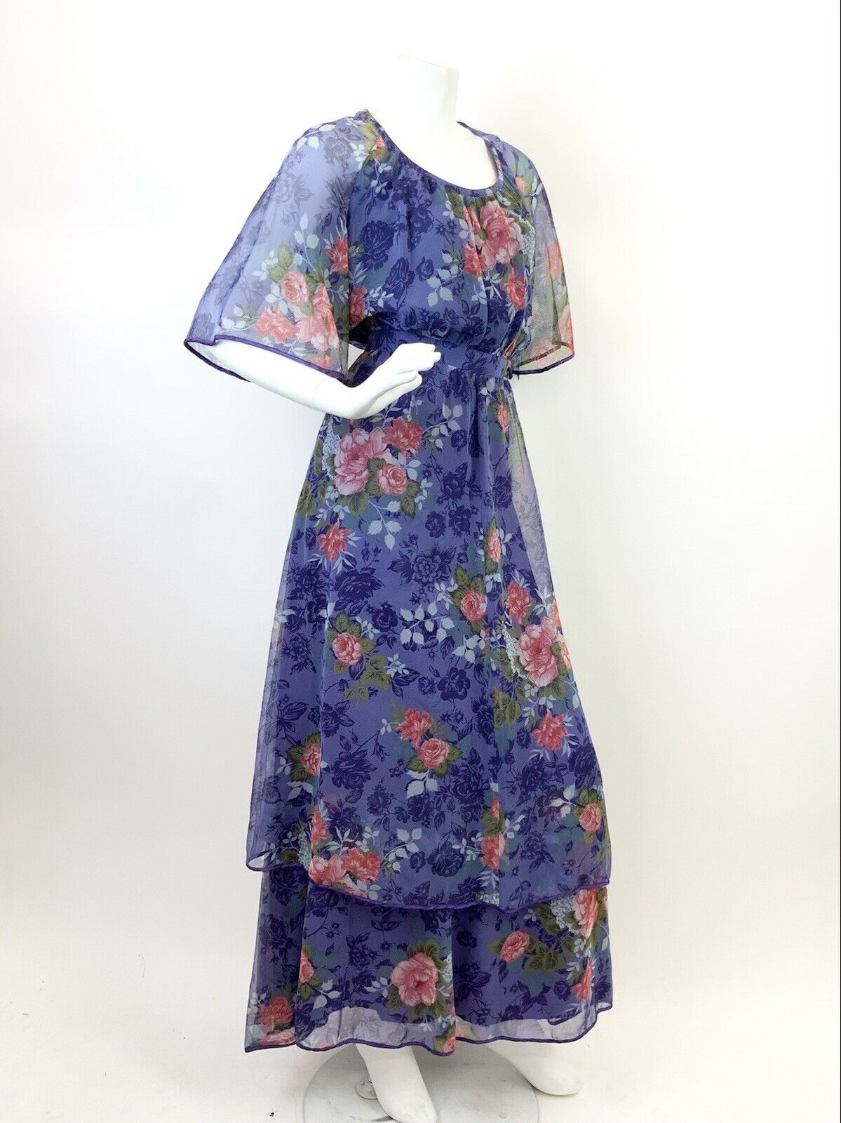 VTG 60s 70s PURPLE PINK GREEN FLORAL ROSE BOHO CAPE SLEEVE SHEER MAXI DRESS 12