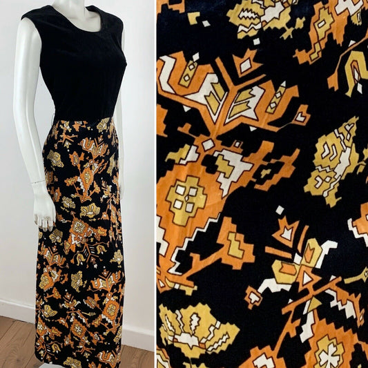 VINTAGE 70S BLACK VELVET MAXI DRESS ORANGE WHITE AZTEC PRINT 12 14