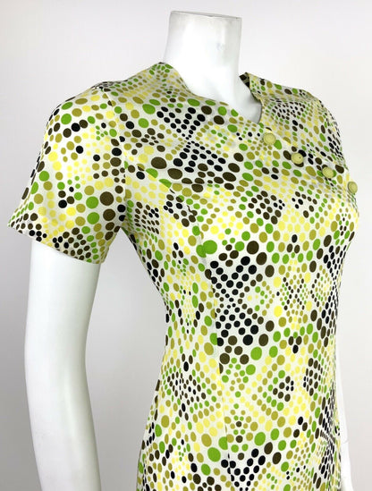 VINTAGE 60s 70s WHITE GREEN BLACK YELLOW OP-ART POLKA DOT PSYCHEDELIC DRESS 12