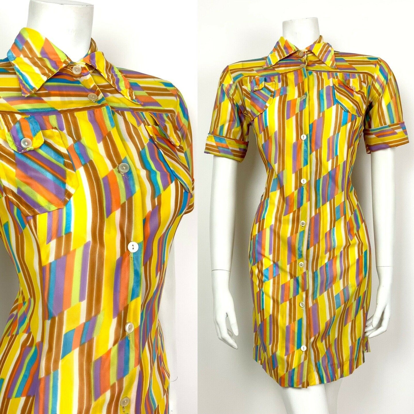 VINTAGE 60s 70s YELLOW WHITE PURPLE BLUE STRIPED DAGGER COLLAR SHIRT DRESS 10 12