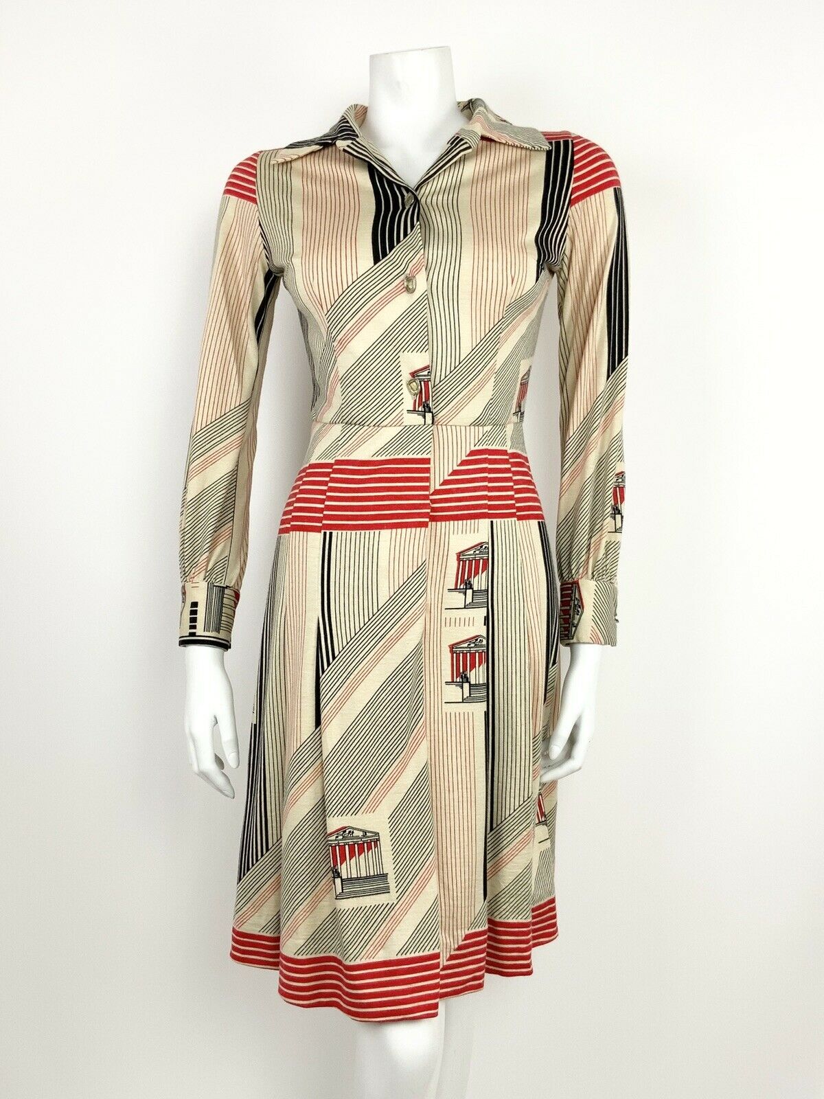 VTG 60s 70s CREAM BLACK RED STRIPED PANTHEON ROMAN PARISIAN SHIRT DRESS 8