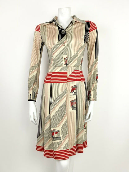 VTG 60s 70s CREAM BLACK RED STRIPED PANTHEON ROMAN PARISIAN SHIRT DRESS 8