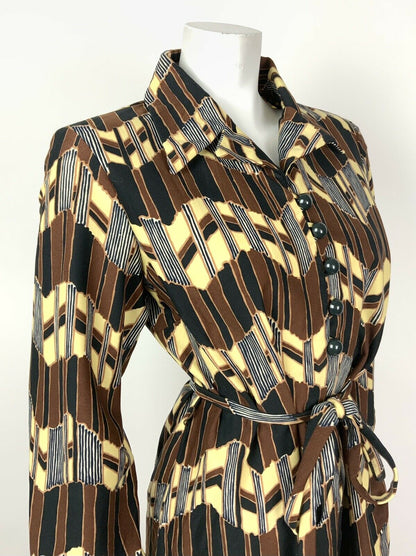 VINTAGE 60s 70s BROWN YELLOW BLACK ZIG-ZAG GEOMETROC BELTED SHIRT DRESS 12 14 16