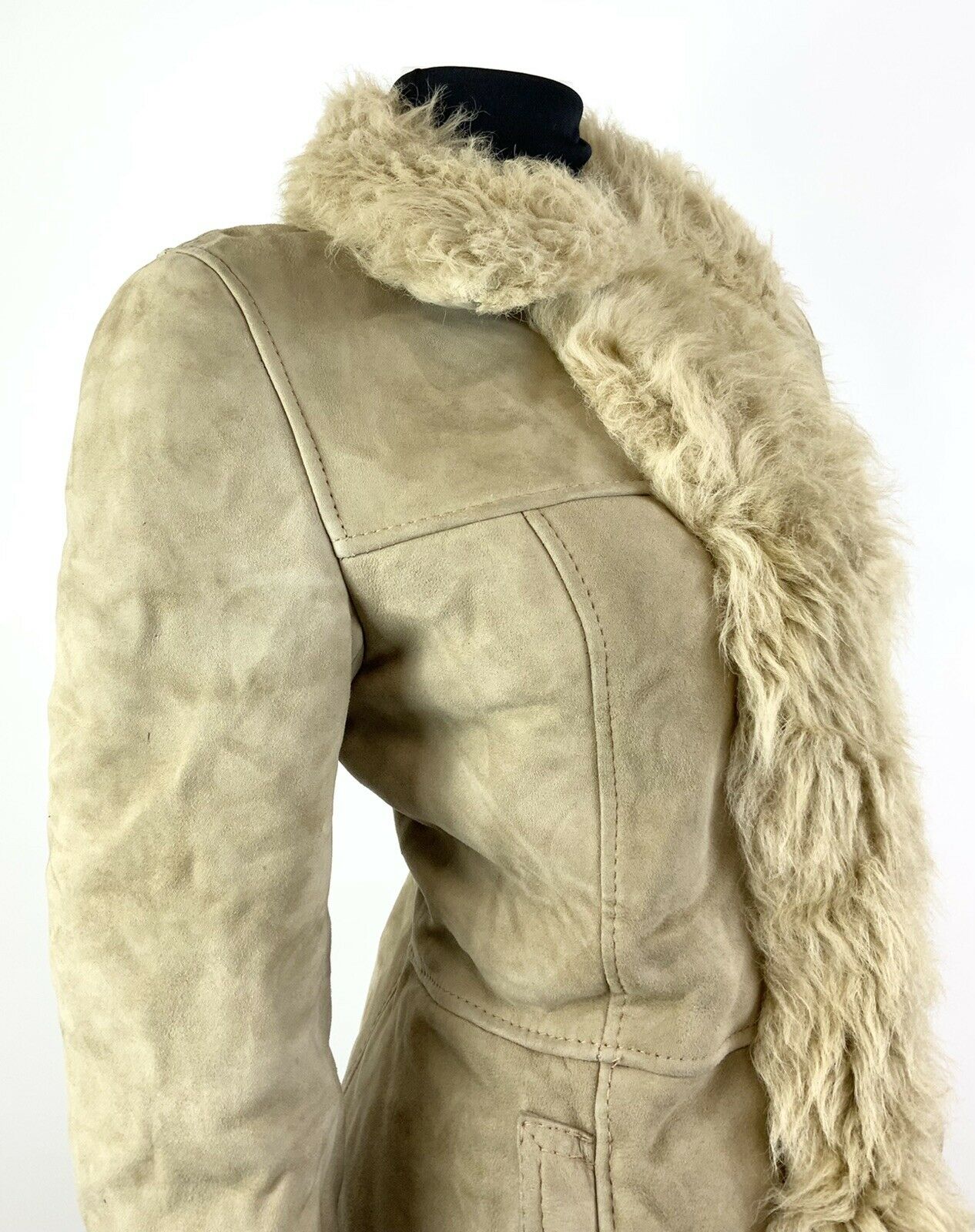 VTG 60s 70s CREAM IVORY SUEDE LEATHER SHEARLING BOHO FOLK PENNY LANE COAT 12 14