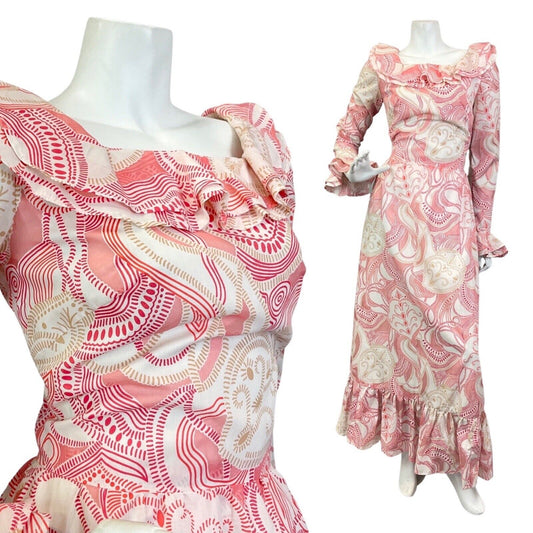 VINTAGE 60s 70s WHITE PINK RED PSYCHEDELIC PRAIRIE BOHO RUFFLED MAXI DRESS 8