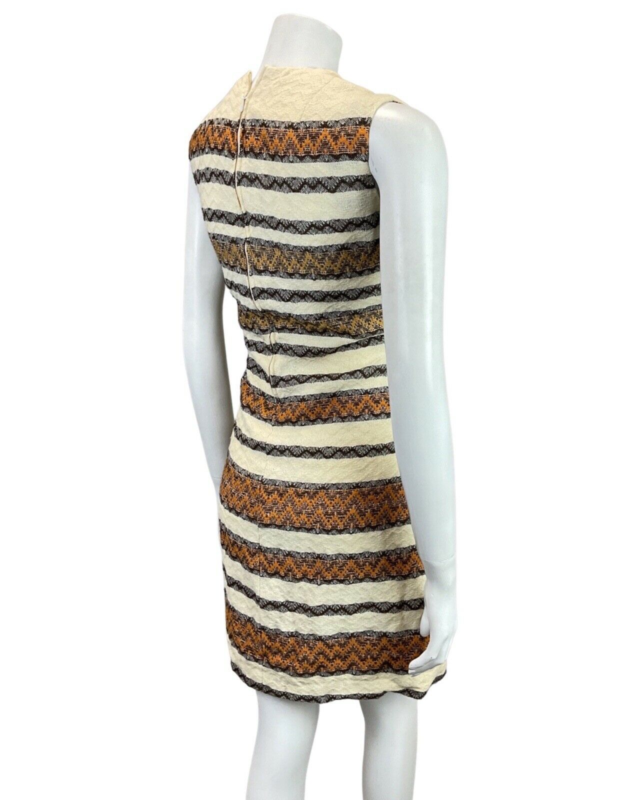 VTG 60s 70s CREAM BROWN ORANGE STRIPED KNITTED WOOL MOD MINI SHIFT DRESS 8 10