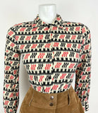 VTG 60s 70s CREAM BLACK RED STRIPED GEOMETRIC MOD DAGGER SHIRT BLOUSE TOP 10 12