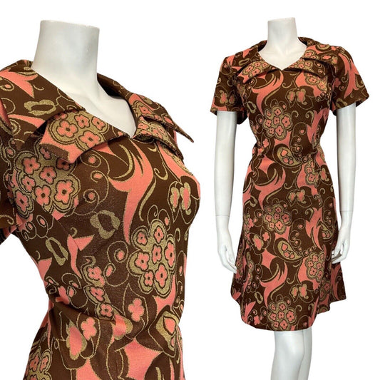 VTG 60s 70s BROWN PINK GOLD PSYCHEDELIC FLORAL MOD WING COLLAR SHIRT DRESS 12 14