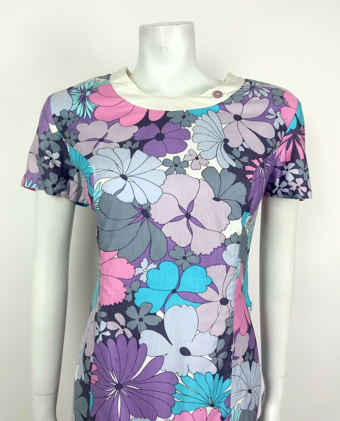 VTG 60s 70s PSYCHEDELIC PURPLE BLUE PINK GREY FLORAL SMOCK DRESS 10 12 14