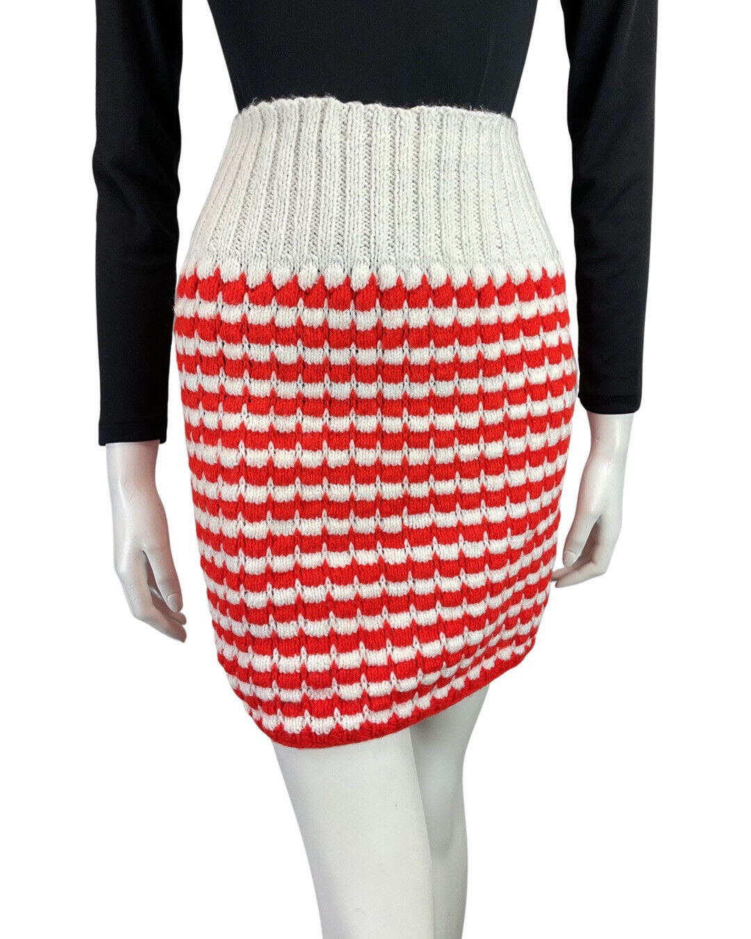 VINTAGE 60s RED WHITE STRIPED KNITTED MOD KITSCH BODYCON SKIRT 8 10