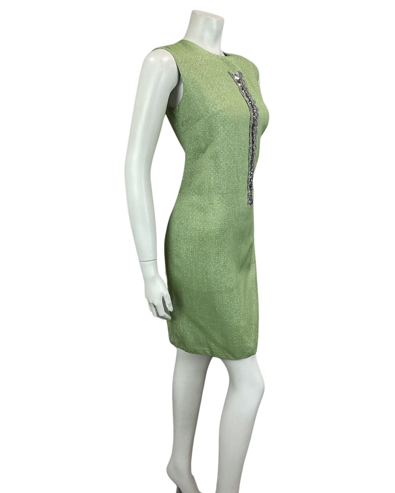 VINTAGE 60s 70s GREEN METALLIC SILVER MOD MINI PARTY CHRISTMAS EVENING DRESS 14