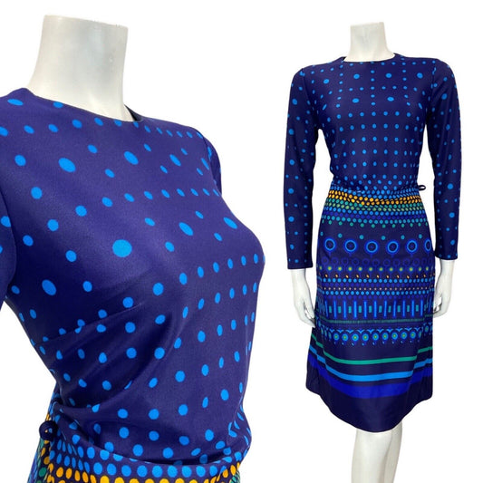 VINTAGE 60s 70s BLUE YELLOW GREEN DOTTY GEOMETRIC MOD LONG-SLEEVE DRESS 10