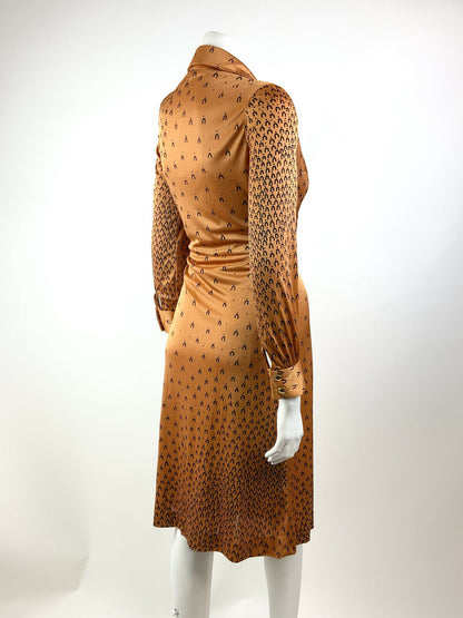 VINTAGE 60s 70s ORANGE BRONZE BLACK GEOMETRIC MOD DAGGER SHIRT DRESS 8 10