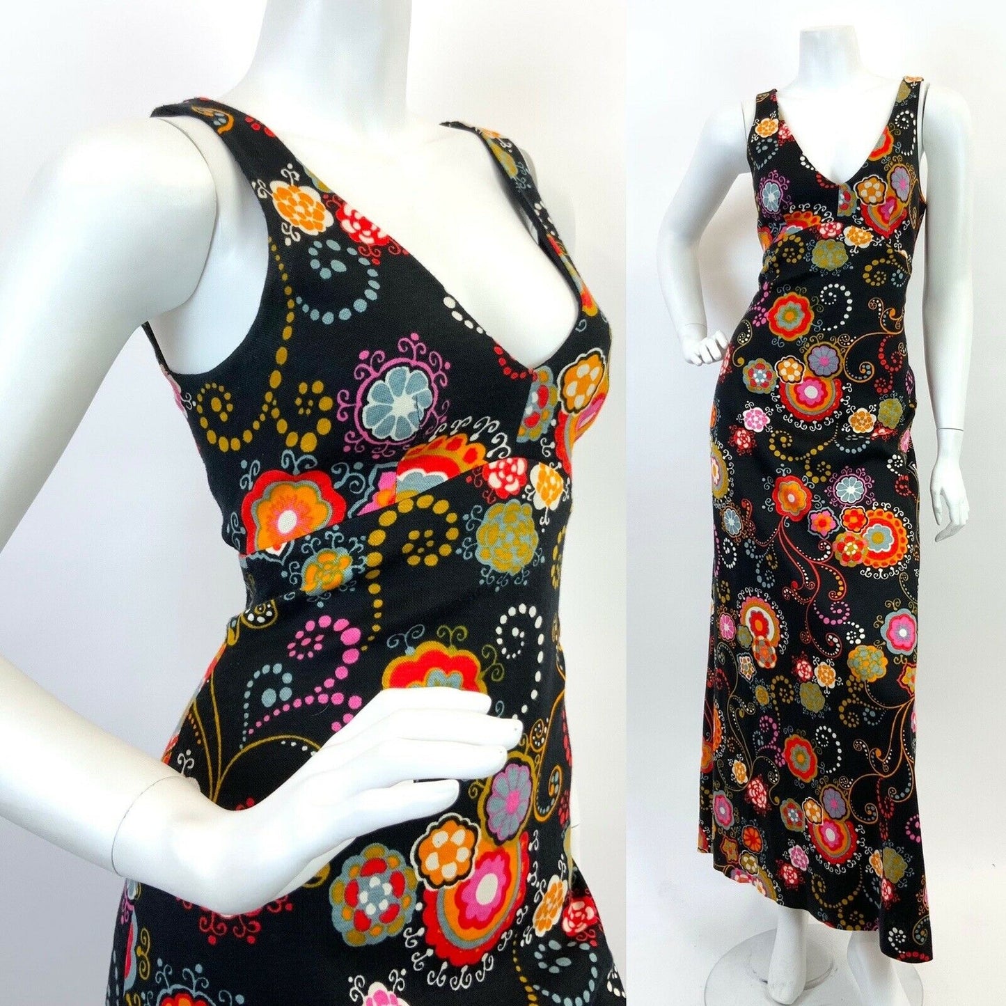 VTG 60s 70s BLACK PINK ORANGE RED PSYCHEDELIC FLORAL DOTTY EMPIRE MAXI DRESS 8