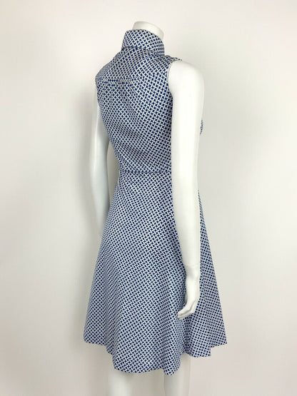 VTG 60s 70s MOD BLUE WHITE BASKET WEAVE OP-ART DAGGER COLLAR SHIRT DRESS 8 10