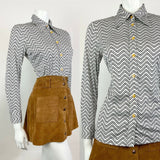 VINTAGE 60s 70s WHITE BLACK ZIG-ZAG CHAIN-LINK GEOMETRIC MOD DAGGER SHIRT 12