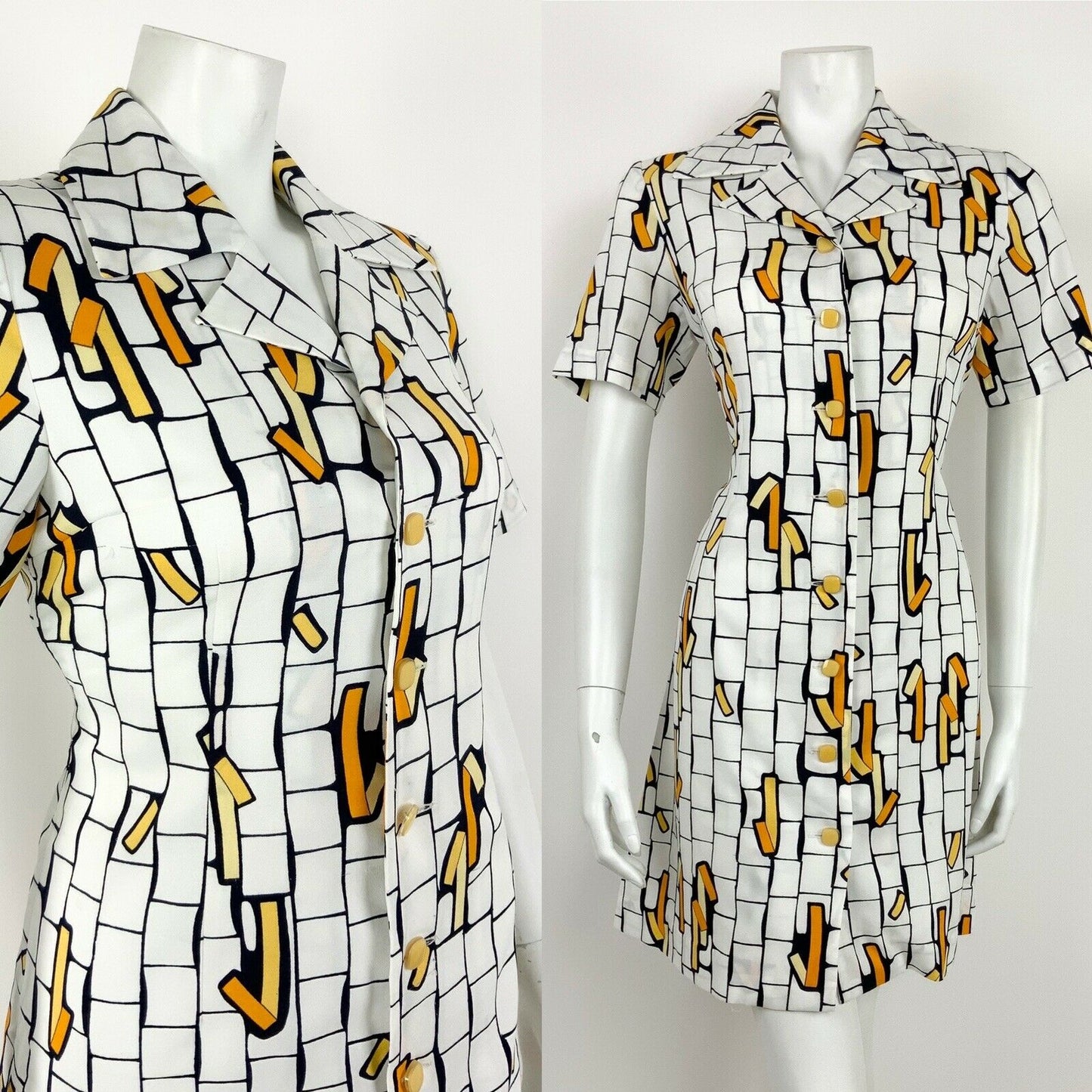 VINTAGE 60s 70s WHITE YELLOW BLUE CREAM GEOMETRIC WING COLLAR SHIRT DRESS 10 12