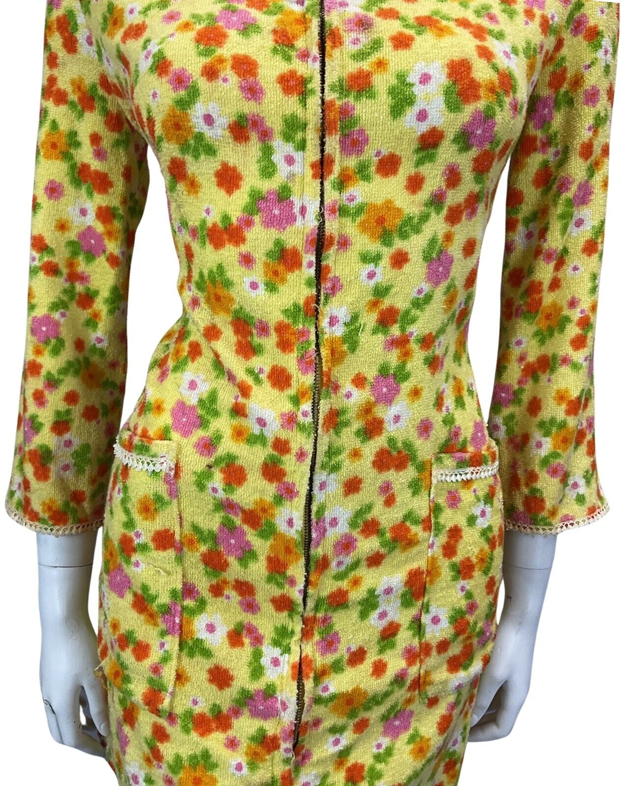 VINTAGE 60s 70s YELLOW ORANGE GREEN PINK FLORAL TOWELLING MINI DRESS 10 12