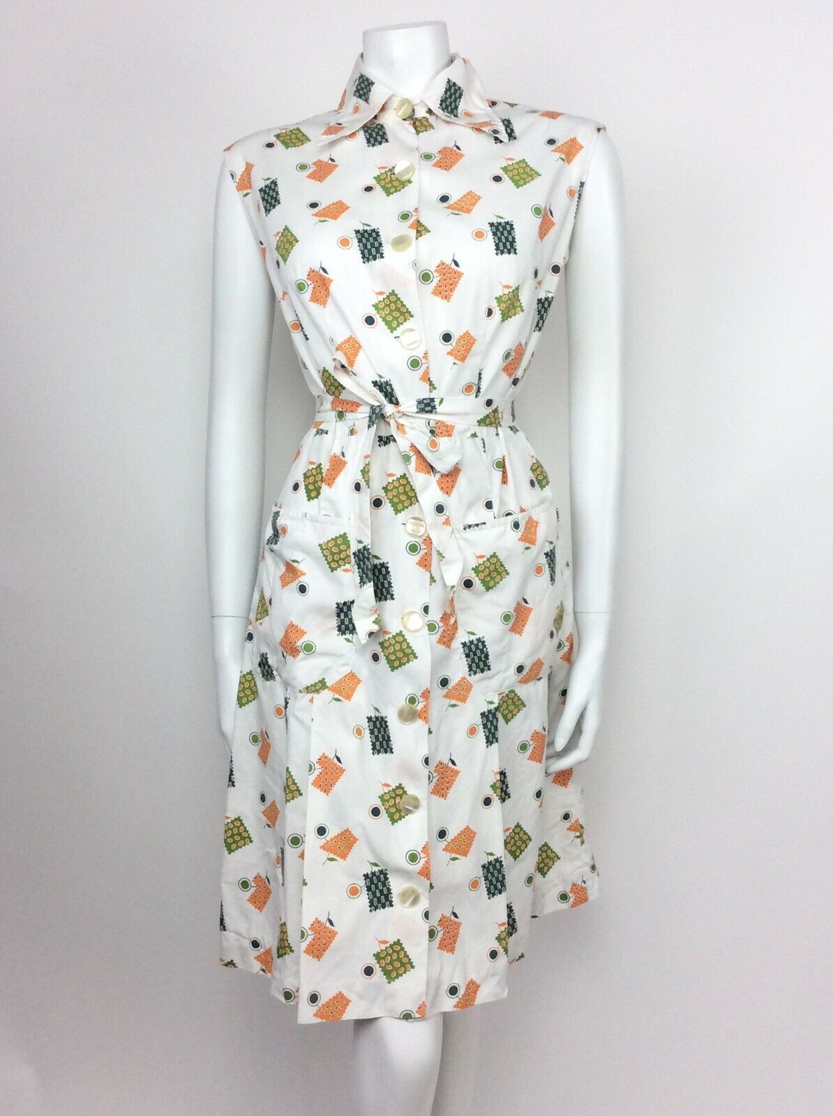 VINTAGE 60s 70s WHITE GEOMETRIC FLORAL ORANGE BLUE GREEN SHIRT DRESS 14