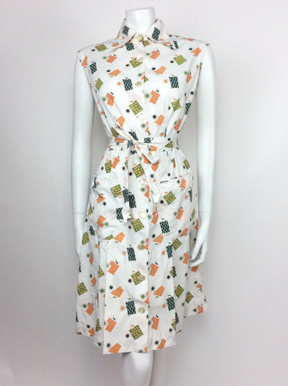 VINTAGE 60s 70s WHITE GEOMETRIC FLORAL ORANGE BLUE GREEN SHIRT DRESS 14