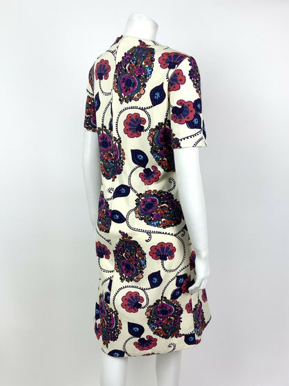 VTG 60s 70s CREAM PINK PURPLE BLUE FLORAL PAISLEY PSYCHEDELIC SHIFT DRESS 12 14