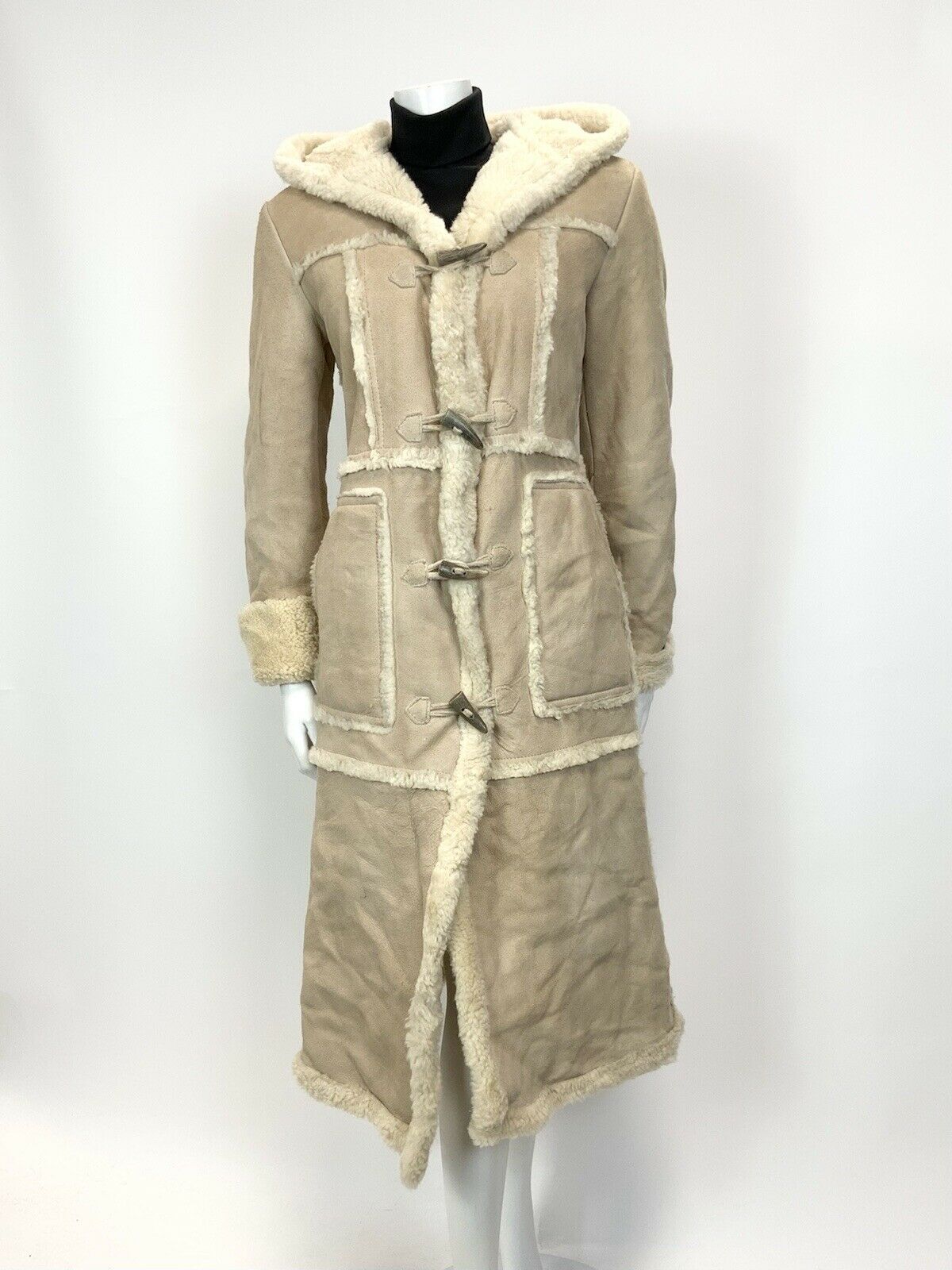 VTG 60s 70s BEIGE CREAM SHEARLING SHEEPSKIN HOODED TOGGLE BOHO MOD COAT 12 14