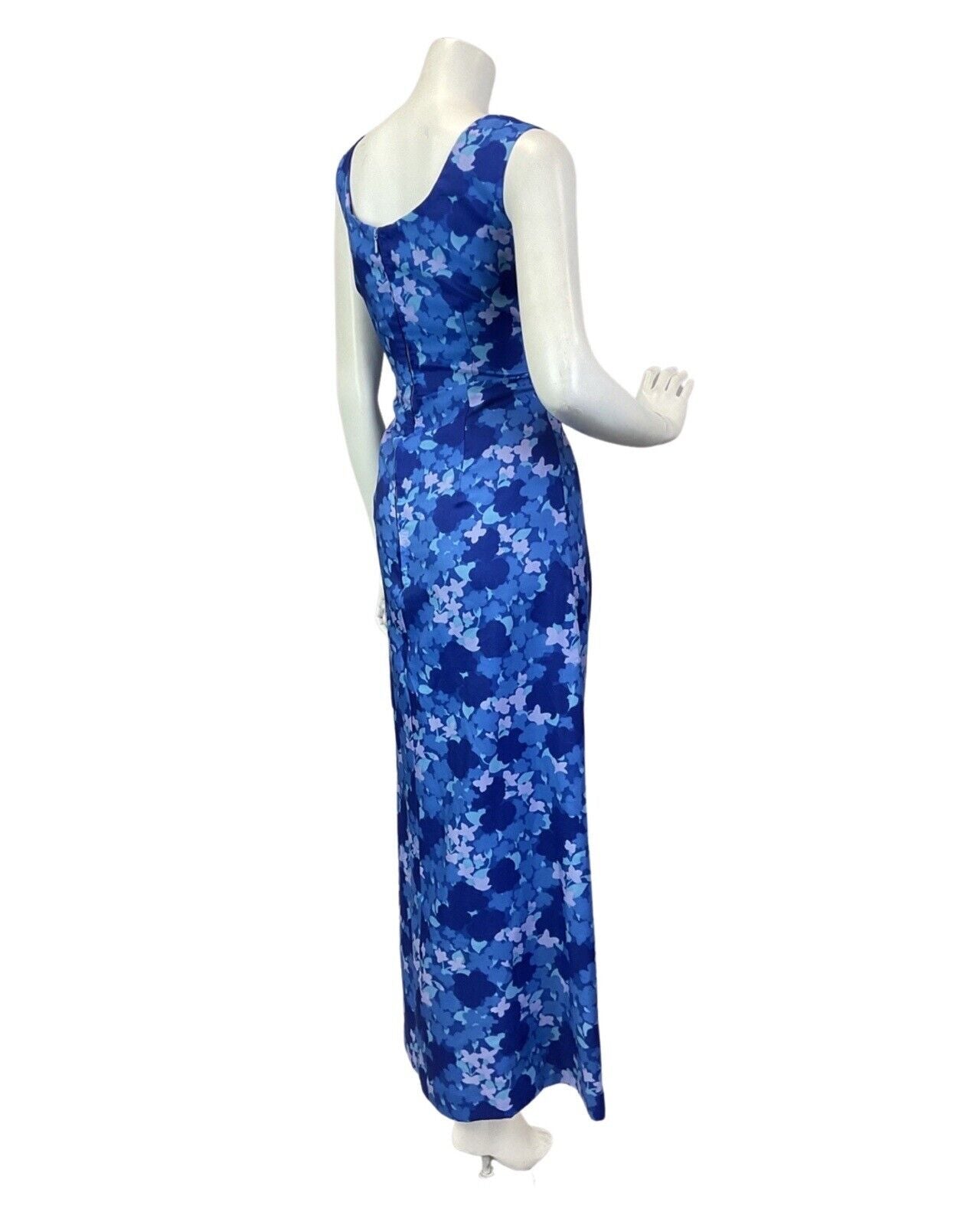 VINTAGE 60s 70s BLUE NAVY FLORAL ABSTRACT SLEEVELESS MAXI DRESS 10 12