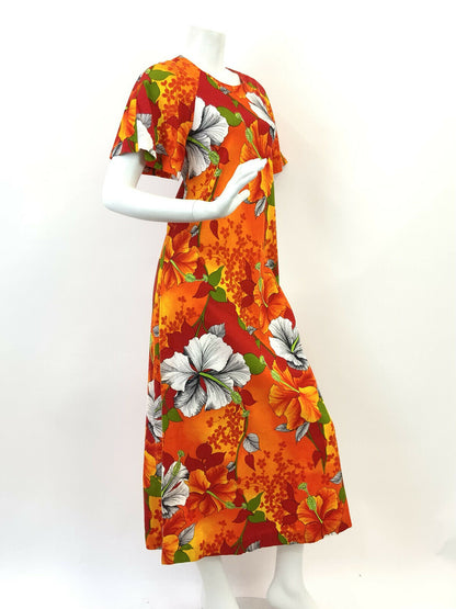 VTG 60s 70s ORANGE RED YELLOW HAWAIIAN FLORAL HIBISCUS SHIFT MAXI DRESS 10 12