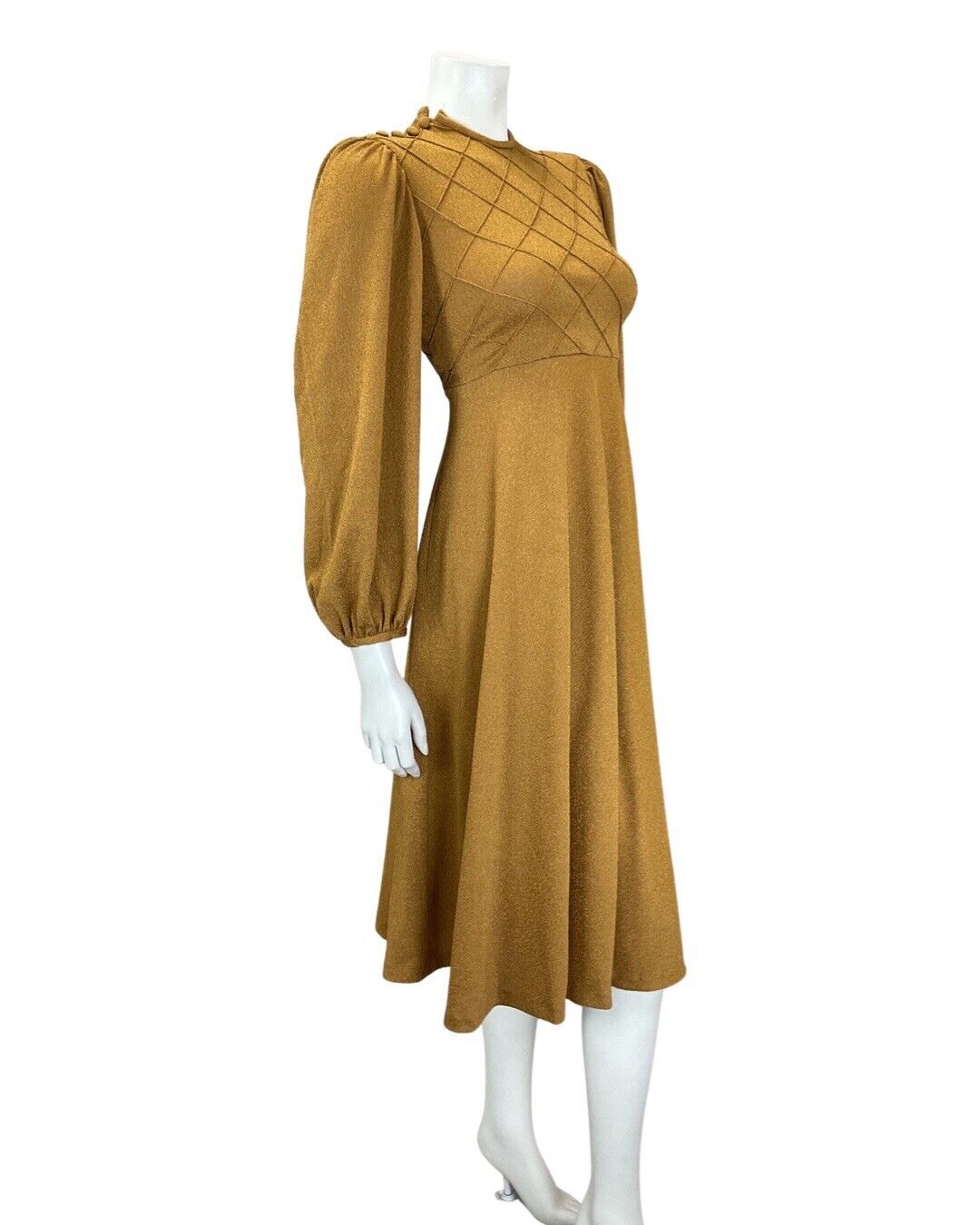 VTG 60s 70s OCHRE TAN BROWN DIAMOND BOHO MOD LONG SLEEVE SWING DRESS 8