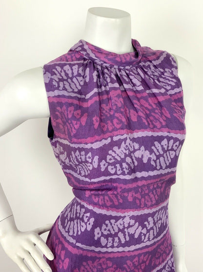 VTG 60s 70s PURPLE LILAC PINK ABSTRACT TURTLENECK SLEEVELESS MAXI DRESS 12 14