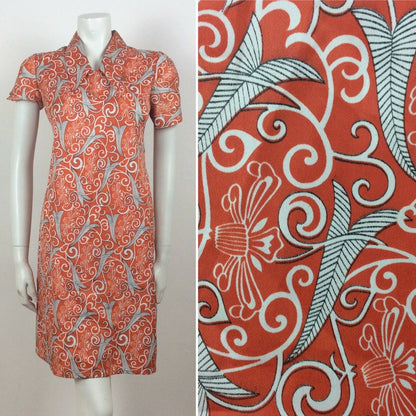 AMAZING ORANGE RED BLACK WHITE FLORAL PRINT 60S 70S DAGGER COLLAR DRESS 10 12