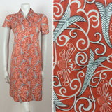 AMAZING ORANGE RED BLACK WHITE FLORAL PRINT 60S 70S DAGGER COLLAR DRESS 10 12