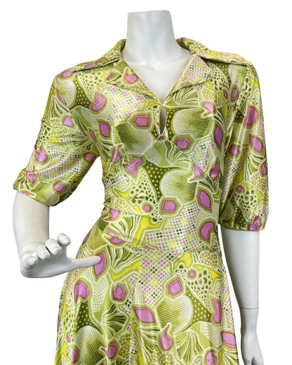 VINTAGE 60s 70s LIME GREEN PINK WHITE PSYCHEDELIC FLORAL COLLAR MAXI DRESS 10