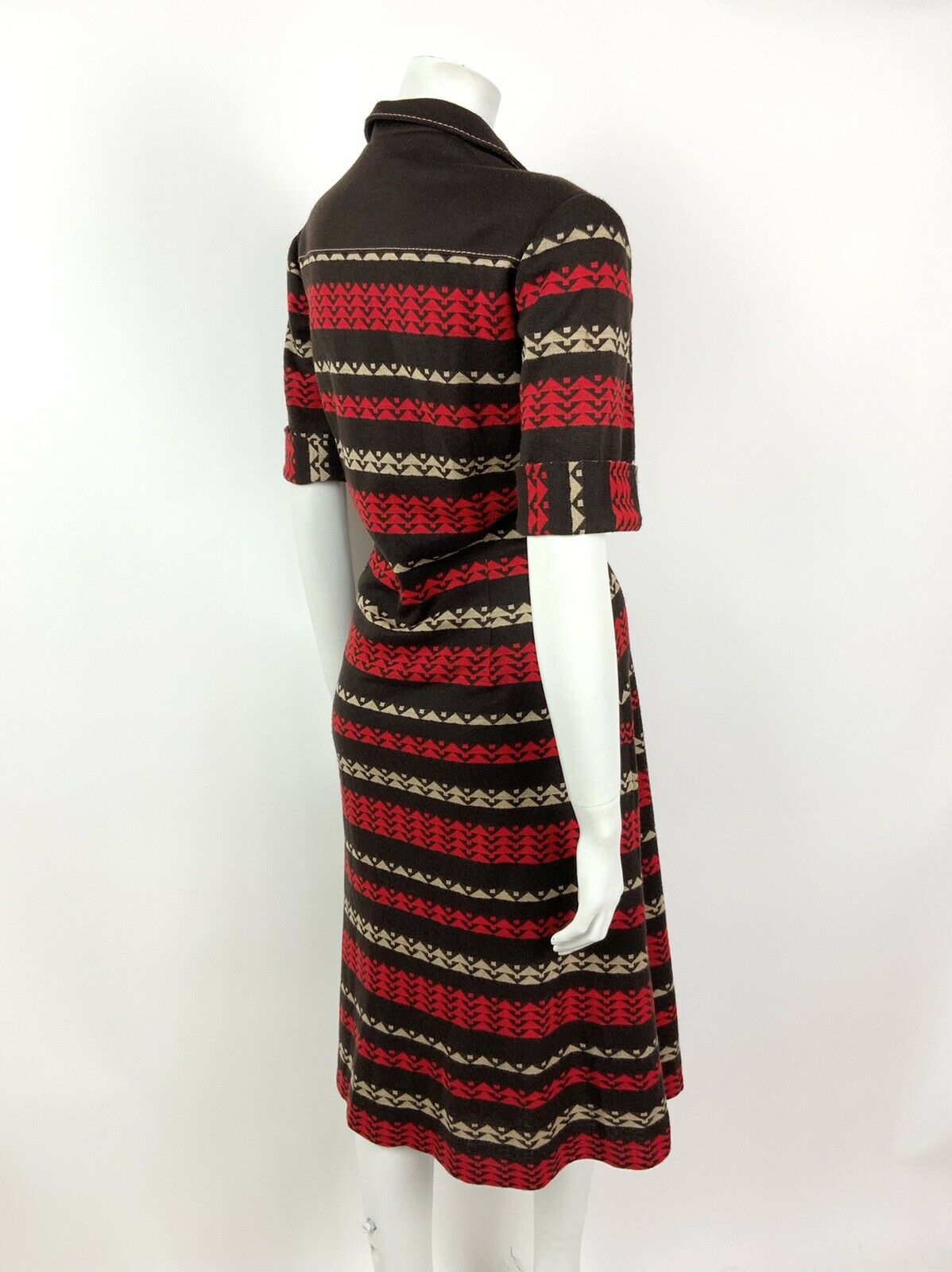 VINTAGE 60s 70s MOD BROWN RED BEIGE STRIPED SHIRT DRESS 14 16