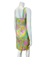 VTG 60s STYLE 90s GREEN YELLOW PINK PSYCHEDELIC SWIRL MOD EMPIRE SUN DRESS 6