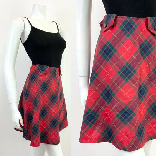 VINTAGE 60s 70s RED GREEN BLUE TARTAN CHECKED MOC CIRCLE SHORT SKIRT 8