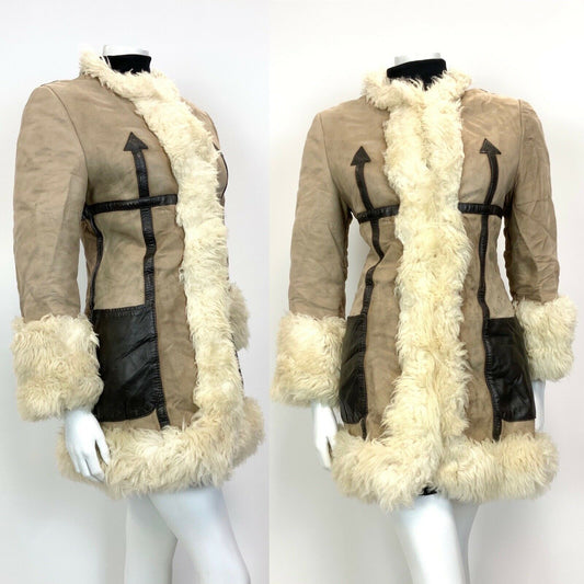 VINTAGE 60s 70s BEIGE SAND BROWN SUEDE LEATHER SHEARLING MOD COAT JACKET 8 10