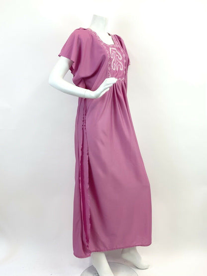 VINTAGE 60s 70s ROSE PINK WHITE EMBROIDERED BOHO FOLK KAFTAN MAXI DRESS 10 12